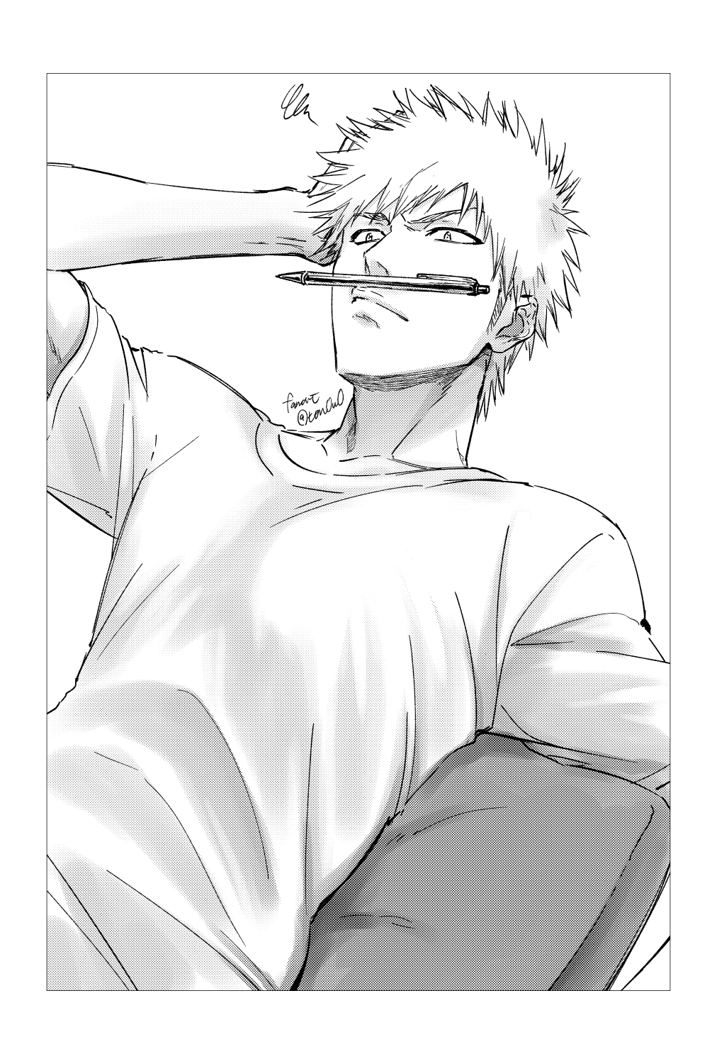 1boy, bleach, collarbone, highres, kurosaki_ichigo, lips, male_focus, monochrome, pencil, pencil_mustache, shirt, short_hair, short_sleeves, solo, spiky_hair, t-shirt, ten0u0, upper_body