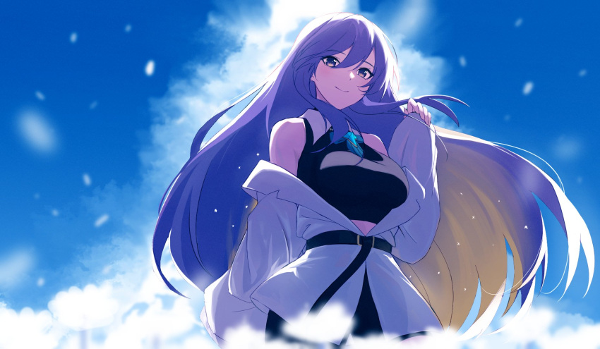 1girl, belt, blurry, blurry_foreground, breasts, clouds, crop_top, flower