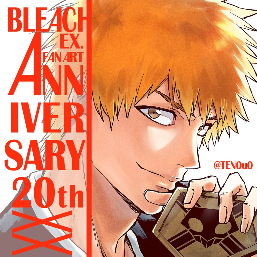 1boy, anniversary, bleach, brown_eyes, copyright_name, highres, holding, kurosaki_ichigo