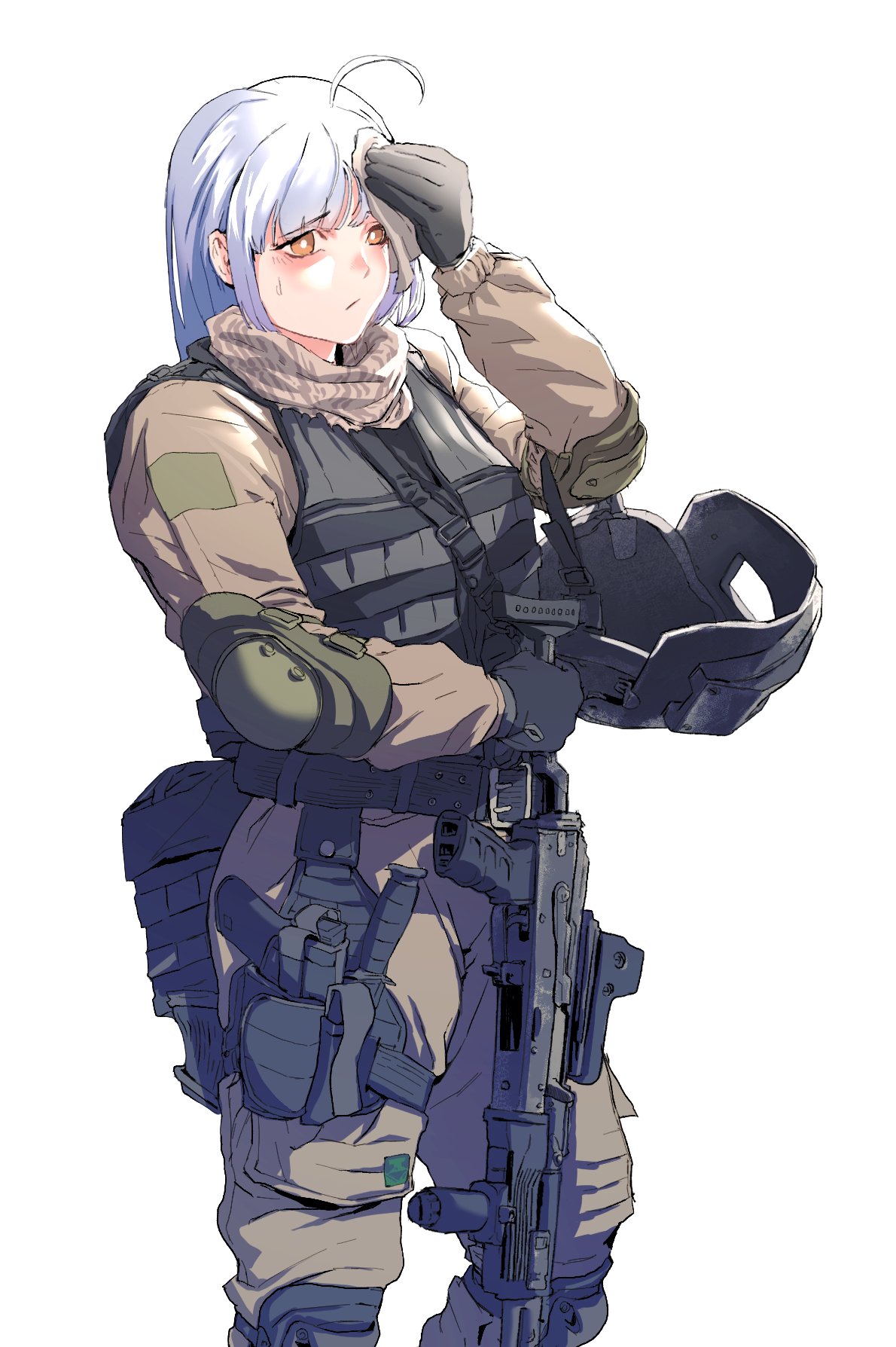 1girl, assault_rifle, brown_jacket, brown_pants, bulletproof_vest, commission, gun, handgun