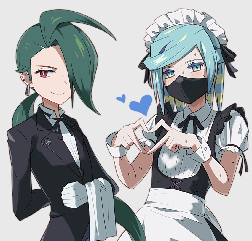 1boy, 1girl, androgynous, apron, aqua_eyes, aqua_hair, bbhdrrr, blue_hair