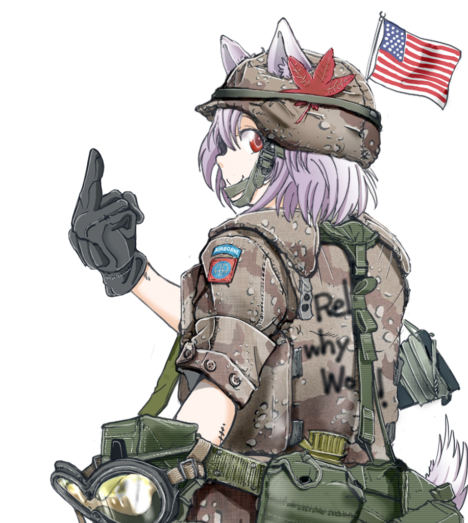 1girl, 82nd_airborne, american_flag, animal_ears, black_gloves, brown_shirt, camouflage, canteen, desert_camouflage, fox_ears, gloves, goggles, helmet, inubashiri_momiji, middle_finger, military, military_helmet, military_uniform, nakamura_3sou, pink_hair, red_eyes, shirt, short_sleeves, smile, solo, touhou, uniform, united_states_army, white_background