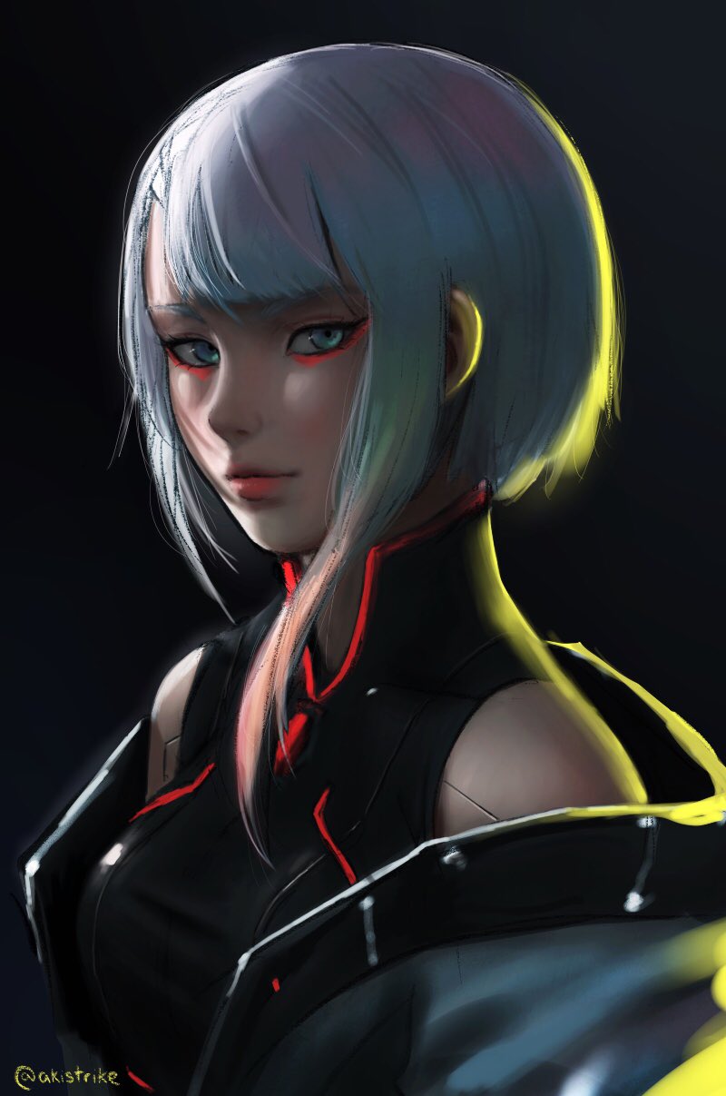 1girl, aki_(akistrike), bangs, bare_shoulders, black_background, blue_eyes, closed_mouth, cyberpunk_(series), cyberpunk_edgerunners, eyeliner, highres, light_smile, looking_at_viewer, lucy_(cyberpunk), makeup, multicolored_hair, off-shoulder_jacket, off_shoulder, red_eyeliner, simple_background, smile, solo, twitter_username
