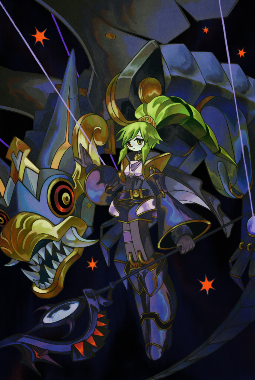 1girl, belt, dark_background, doll_joints, duel_monster, el_shaddoll_winda, expressionless, floating