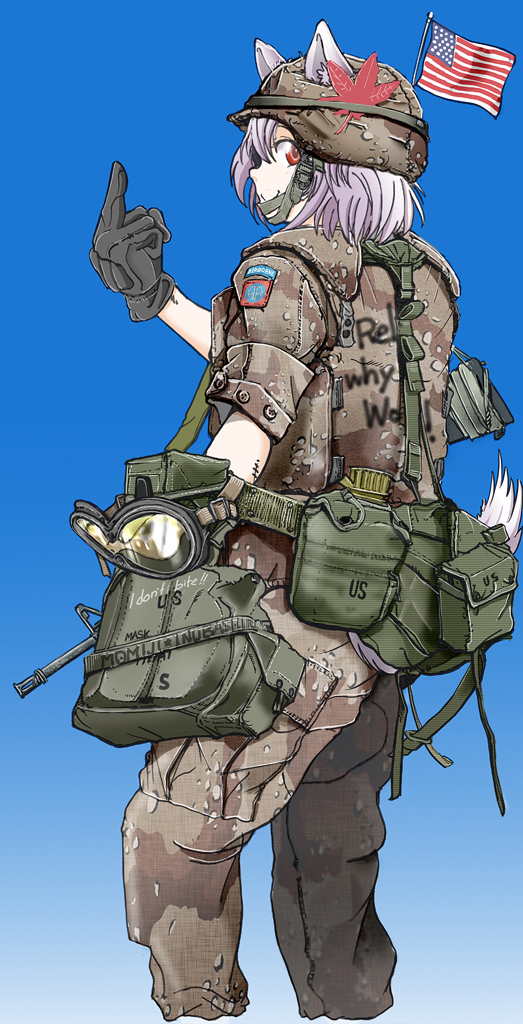 1girl, 82nd_airborne, american_flag, animal_ears, belt_pouch, black_gloves, blue_background, brown_pants, brown_shirt, camouflage, canteen, desert_camouflage, fox_ears, gloves, goggles, gun, helmet, inubashiri_momiji, middle_finger, military, military_helmet, military_uniform, nakamura_3sou, pants, pink_hair, pouch, red_eyes, rifle, shirt, short_sleeves, smile, solo, touhou, uniform, united_states_army, weapon