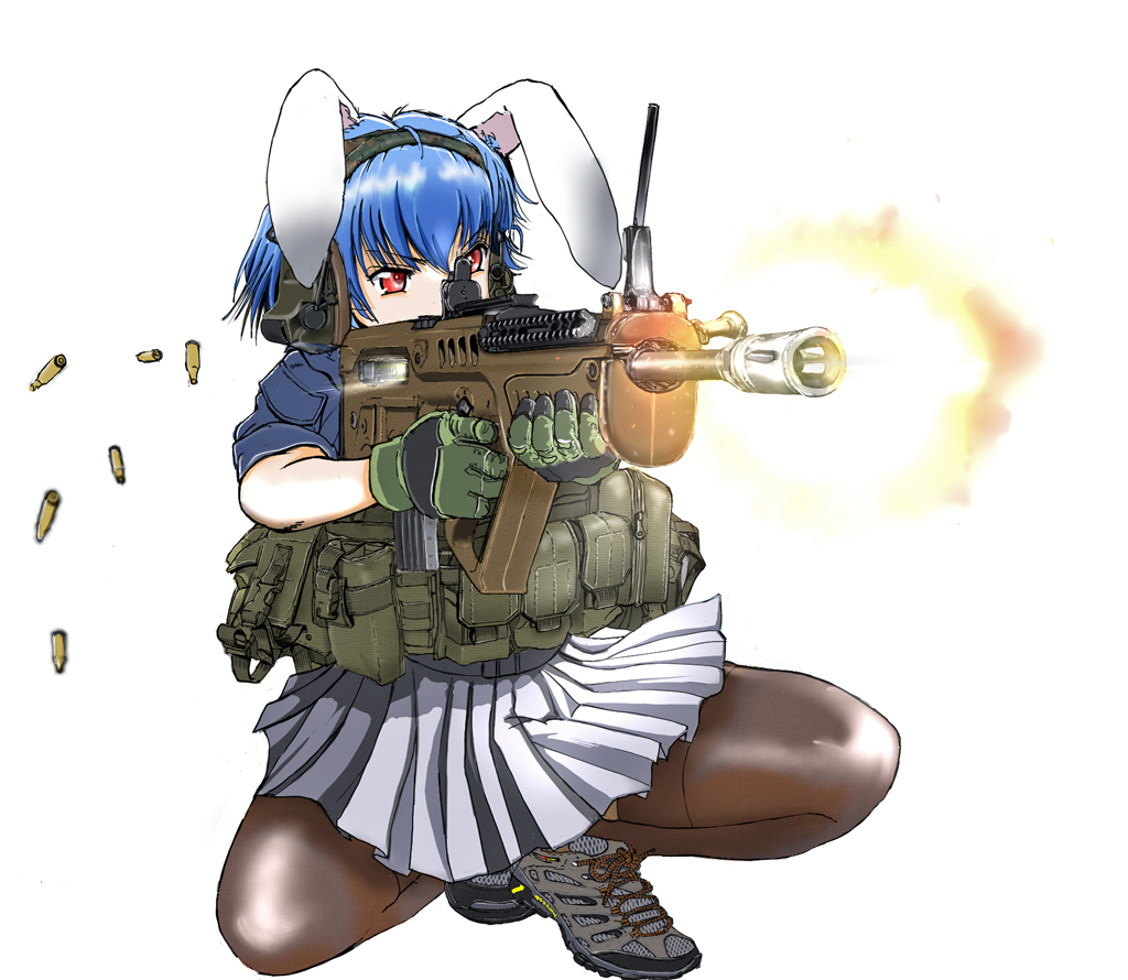 1girl, animal_ears, assault_rifle, bangs, belt, blue_hair, blue_jacket, bullpup
