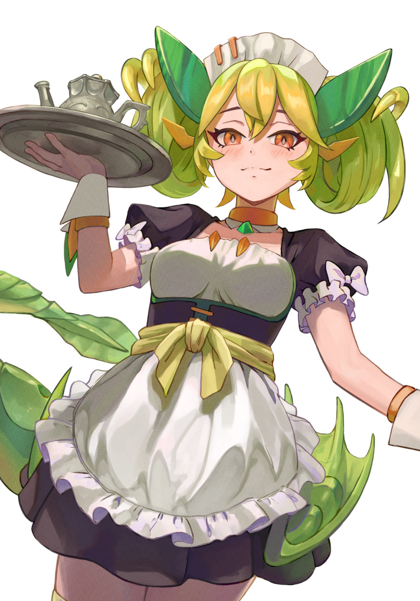 1girl, apron, breasts, choker, dragon_girl, dragon_horns, dragon_tail, duel_monster, green_hair, green_horns, green_wings, hair_between_eyes, hand_up, highres, holding, holding_plate, horns, kiyama, looking_down, maid, maid_apron, maid_headdress, orange_eyes, parlor_dragonmaid, plate, puffy_sleeves, solo, tail, teapot, twintails, wings, wrist_cuffs, yu-gi-oh!