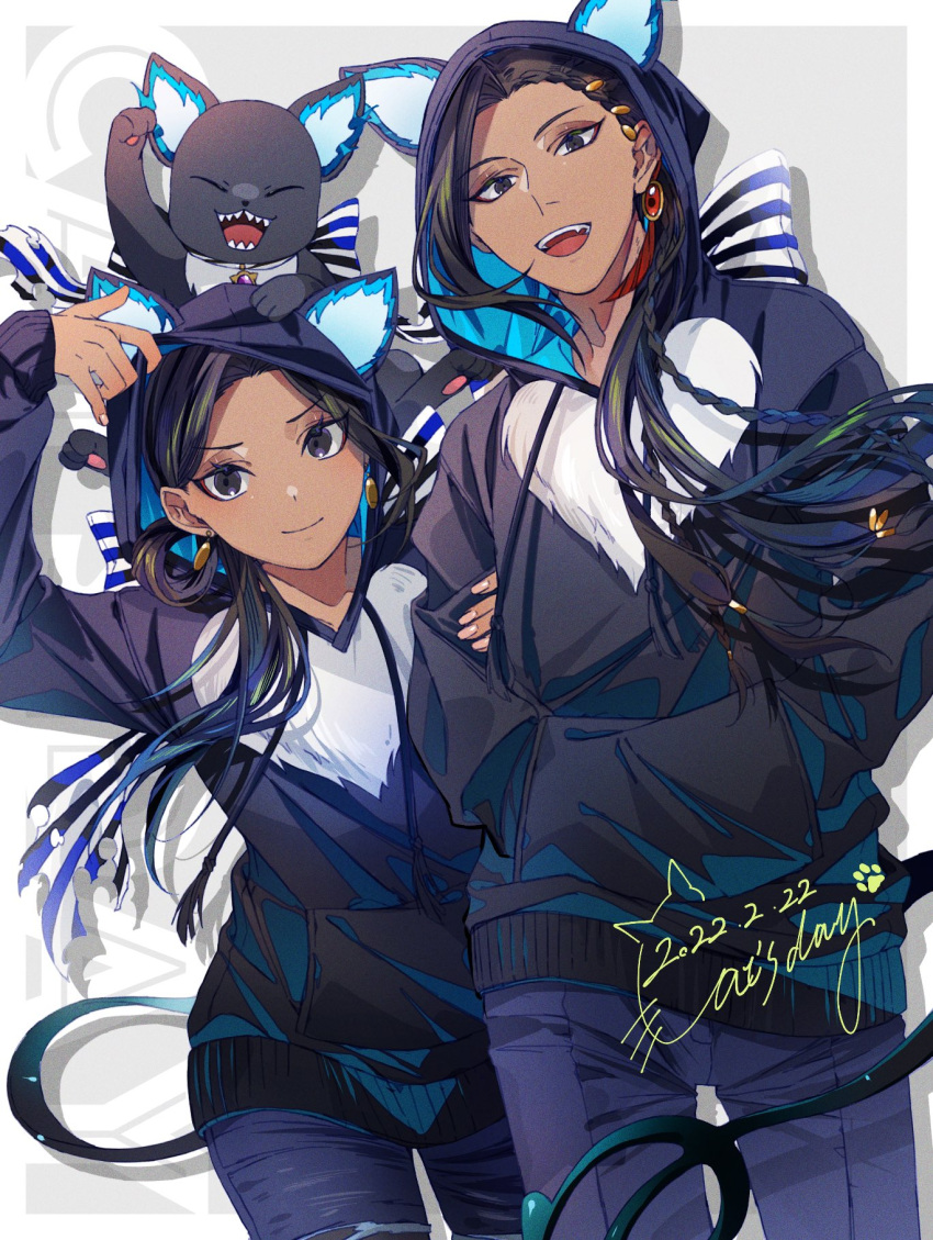 1boy, 1girl, animal_costume, animal_ears, black_eyes, black_hair, blue_fire, braid, cat, cat_day, cat_ears, cosplay, dark-skinned_male, dark_skin, earrings, fire, grim_(twisted_wonderland), highres, hood, hoodie, jamil_viper, jewelry, kigurumi, koke_uzm, long_hair, looking_at_viewer, najma_viper, open_mouth, ponytail, sharp_teeth, smile, teeth, twisted_wonderland