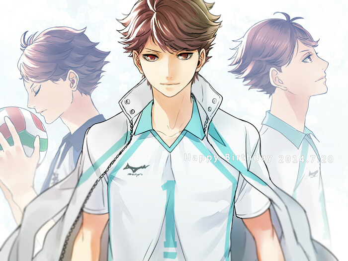 1boy, aoba_johsai_volleyball_uniform, ball, brown_eyes, brown_hair, closed_eyes, collared_shirt, haikyuu!!