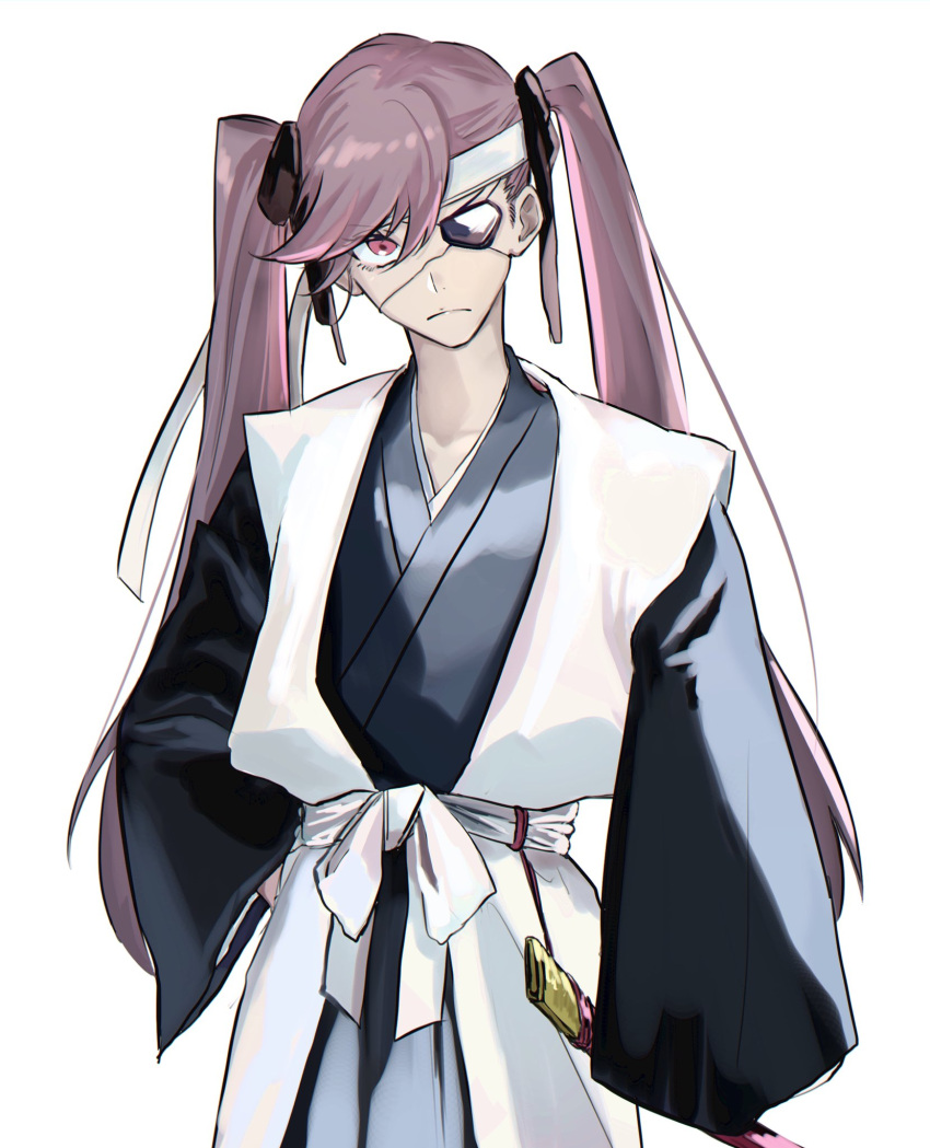 1girl, bangs, bleach, bleach:_the_thousand-year_blood_war, eyepatch, hair_between_eyes, highres, holding, japanese_clothes, jewelry, katana, long_hair, long_sleeves, looking_at_viewer, purple_hair, saitou_furoufushi, shinigami, siji105, simple_background, smile, solo, sword, twintails, violet_eyes, weapon