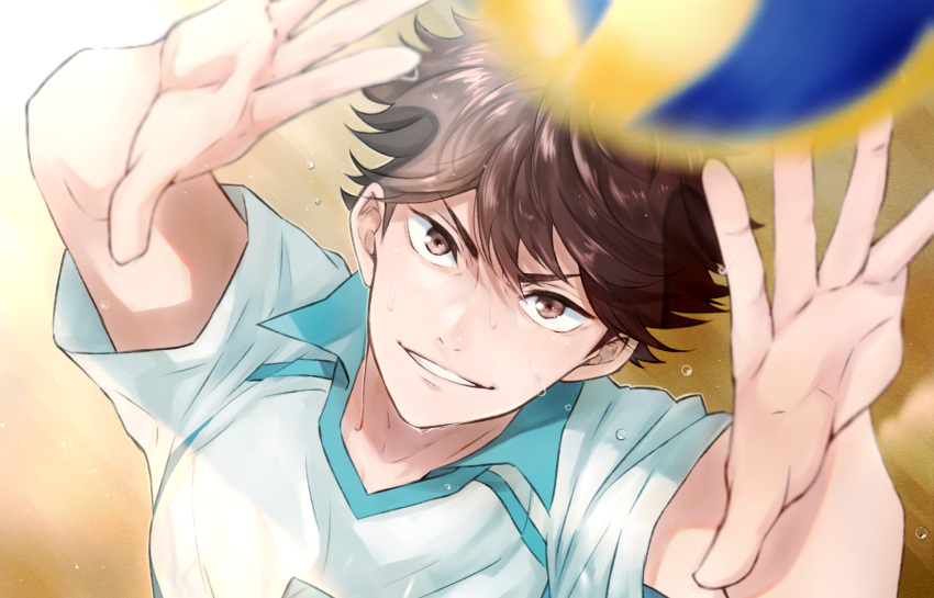 1boy, aoba_johsai_volleyball_uniform, brown_eyes, brown_hair, haikyuu!!, highres, looking_at_viewer, male_focus, oikawa_tooru_(haikyuu!!), outstretched_arms, parted_lips, short_hair, short_sleeves, solo, sportswear, sweat, terarenai, upper_body, volleyball, volleyball_uniform