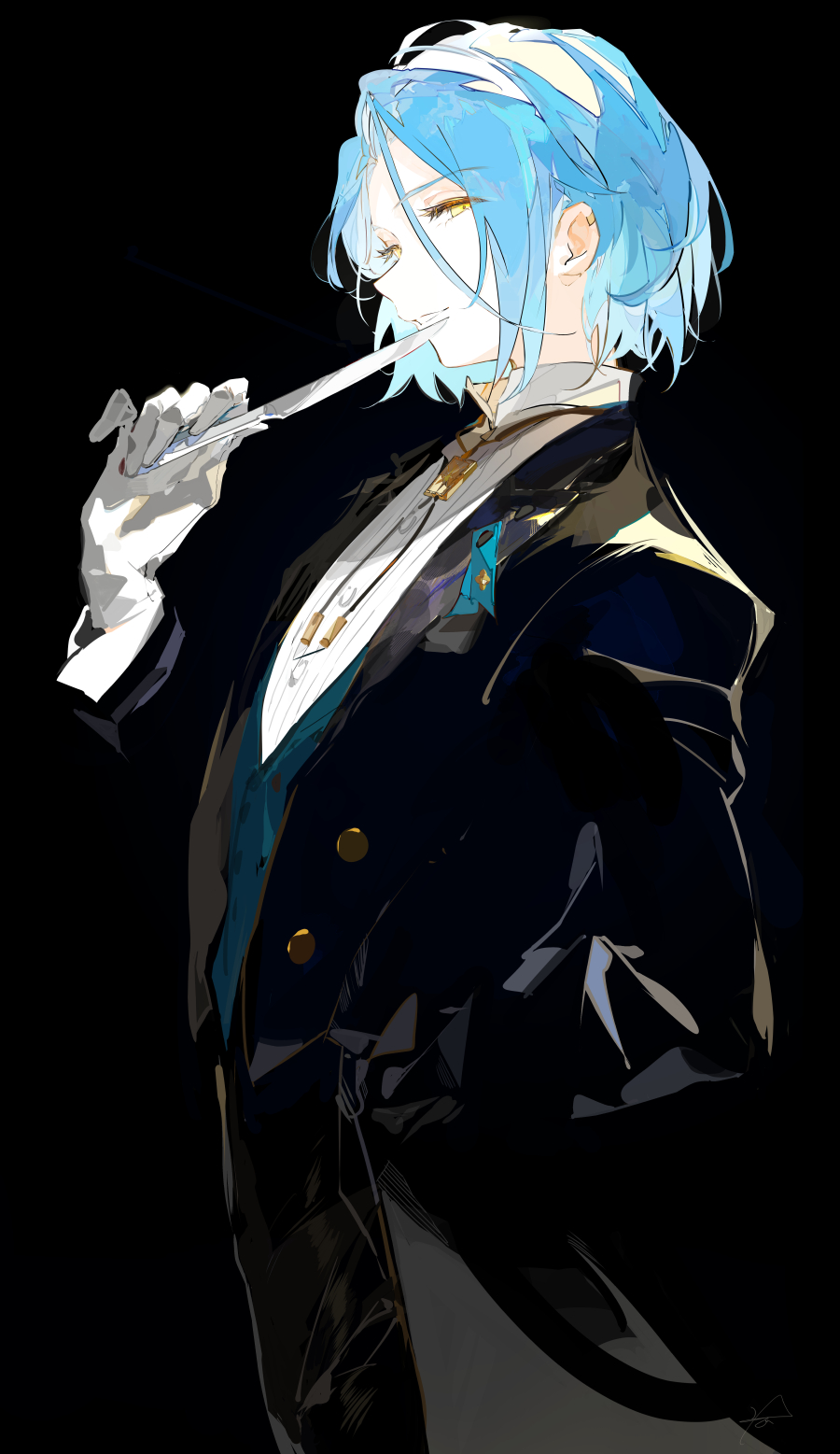 1boy, bangs, black_background, black_suit, blue_hair, butter_knife, buttons, collared_shirt