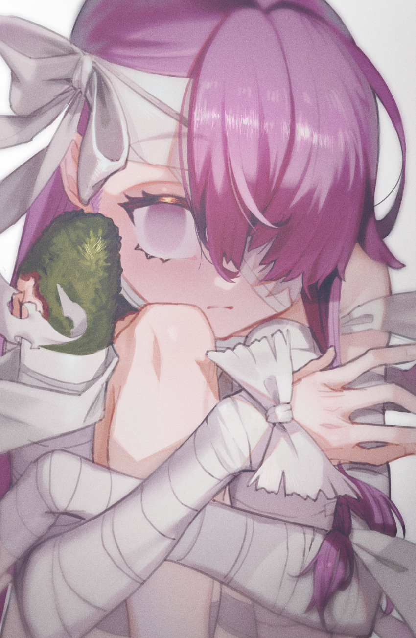 1girl, absurdres, bandage_over_one_eye, bandaged_arm, bandaged_head, bandaged_leg, bandages, empty_eyes