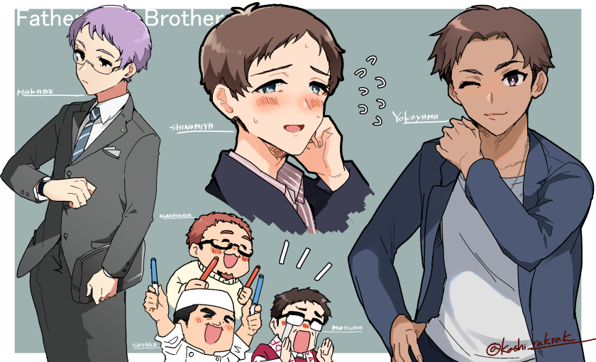 6+boys, :3, black_hair, black_suit, blue_eyes, blue_jacket, blue_necktie, blush, border, brown_hair, business_suit, buttons, clenched_hand, closed_eyes, crying, dark_skin, flying_sweatdrops, formal, glasses, green_background, hand_on_hip, hand_on_own_shoulder, hand_up, holding, idolmaster, idolmaster_million_live!, idolmaster_million_live!_theater_days, jacket, light_stick, long_sleeves, looking_at_viewer, looking_at_watch, makabe_mizuki's_father, matsuda_arisa's_father, multiple_boys, nakaya_106, necktie, nonohara_akane's_father, one_eye_closed, open_mouth, purple_hair, red_shirt, satake_minako's_father, serious, shinomiya_karen's_father, shirt, short_bangs, short_hair, shouting, smile, striped, striped_shirt, suit, sweat, twitter_username, watch, watch, white_border, white_headwear, white_shirt, wing_collar, yellow_eyes, yokoyama_nao's_brother