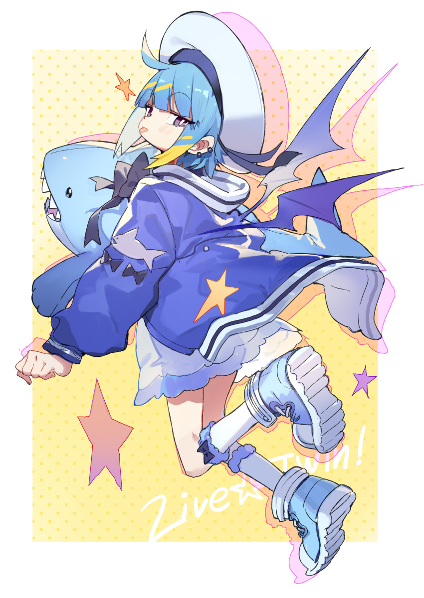 1girl, absurdres, blue_hair, blue_jacket, bow, bowtie, bright_pupils, clenched_hand
