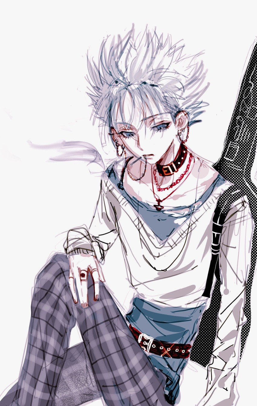 1boy, absurdres, belt, blue_eyes, blue_hair, checkered_clothes, choker, cropped_torso, earrings, guitar_case, highres, instrument_case, jewelry, nana_(series), okazaki_shin'ichi, piercing, ring, torn_clothes, user_vhxj3472, white_background