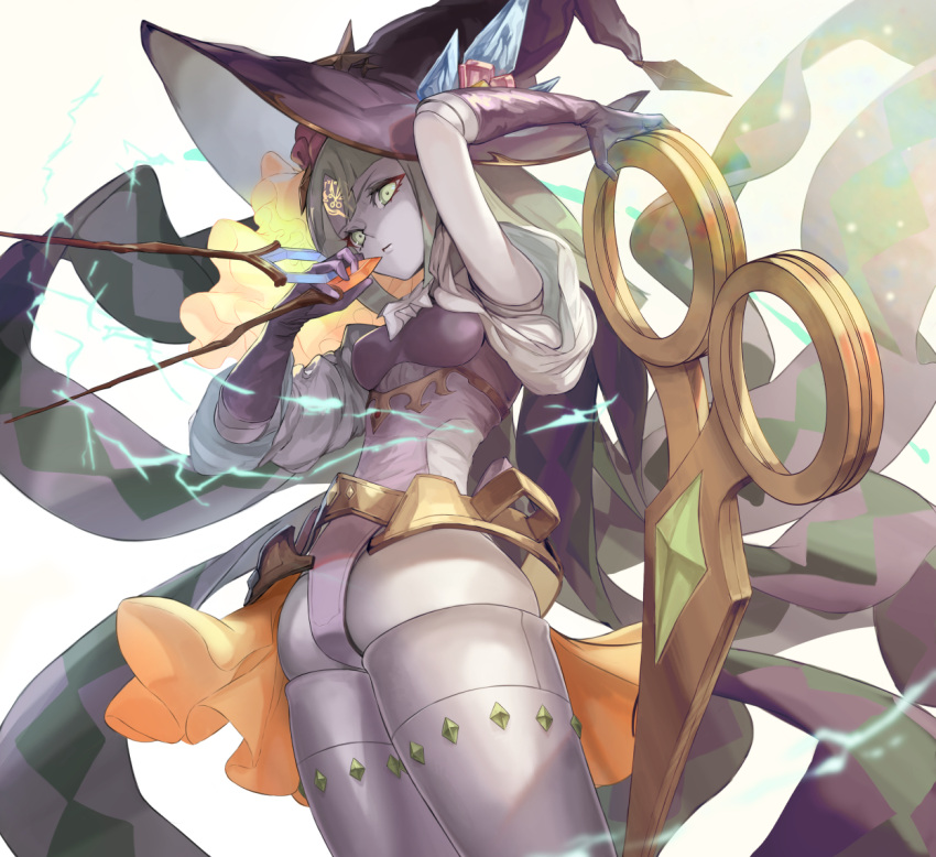 1girl, arm_up, bangs, breasts, colored_skin, doll_joints, duel_monster, facial_mark, forehead_mark, gloves, green_eyes, grey_hair, hand_up, hat, holding, holding_wand, joints, scissors, taba_comya, wand, wide_sleeves, witch_hat, witchcrafter_golem_aruru, yu-gi-oh!