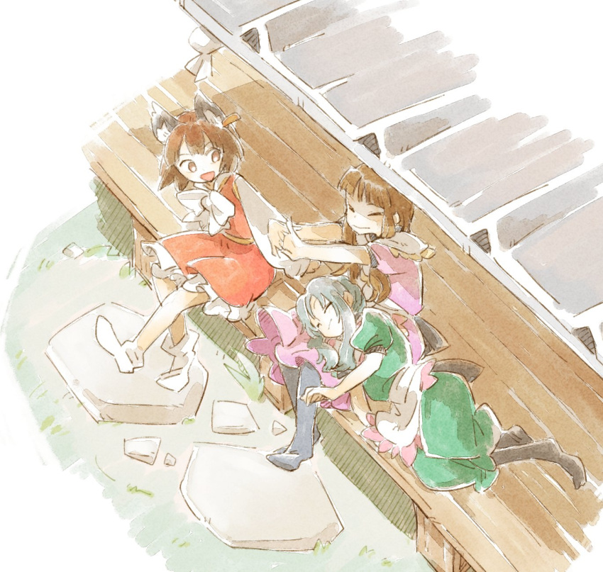 3girls, :d, animal_ear_fluff, animal_ears, apron, black_pantyhose, bow, bowtie