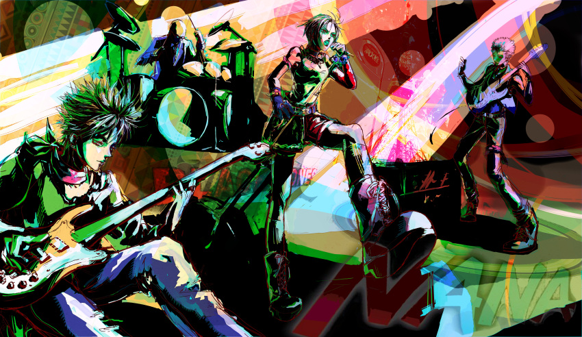 1girl, 3boys, 3others, absurdres, concert, drum, drum_set, drumsticks