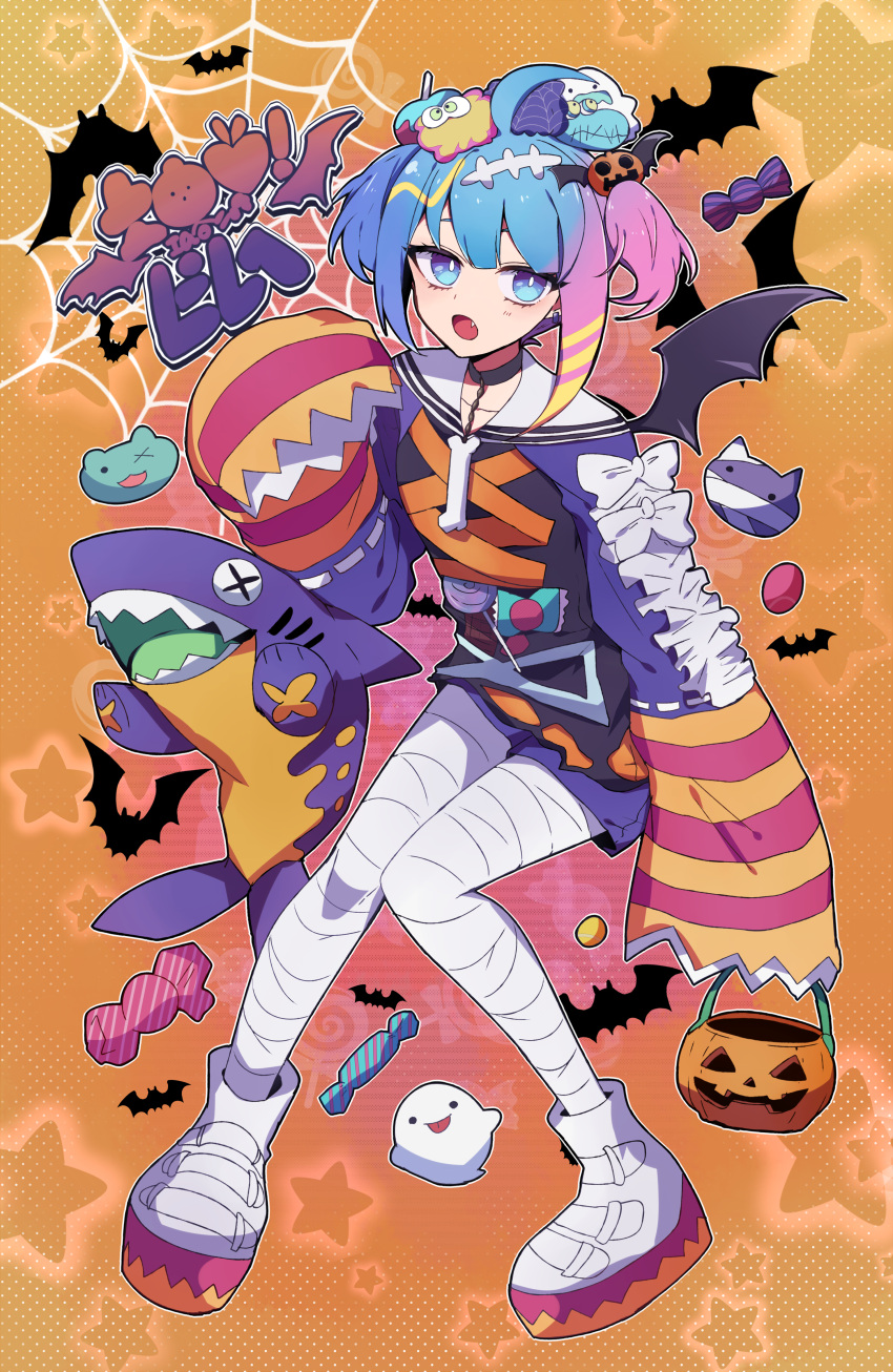 absurdres, ahoge, bandaged_leg, bandages, blue_eyes, bone, candy, choker, duel_monster, food, halloween_costume, highres, jack-o'-lantern, lil-la_(yu-gi-oh!), live_twin_lil-la_treat, long_sleeves, multicolored_hair, nanashiba_(banntlla), open_mouth, shoes, shorts, stuffed_toy, wide_sleeves, wings, yu-gi-oh!