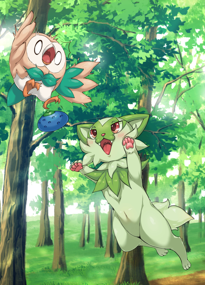 0_0, :3, ^^^, absurdres, animal_focus, berry_(pokemon), bird, blurry, blurry_background, blush, boingfarm, commentary_request, day, dropping, fangs, flying, forest, full_body, green_theme, half-closed_eyes, highres, jumping, korean_commentary, looking_up, nature, navel, no_humans, open_mouth, oran_berry, outdoors, pawpads, pokemon, pokemon_(creature), red_eyes, rowlet, scared, sprigatito, surprised, tongue, tree, uvula, white_eyes