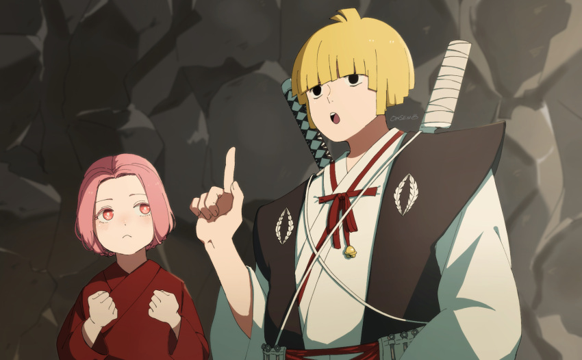 1boy, 1girl, ahoge, artist_name, blonde_hair, bowl_cut, clenched_hands, gensen-onsen1, highres, japanese_clothes, jigokuraku, kataginu, katana, mei_(jigokuraku), open_mouth, pink_eyes, pink_hair, pointing, pointing_up, red_robe, robe, short_hair, sling, sword, weapon, weapon_on_back, white_robe, yamada_asaemon_fuchi