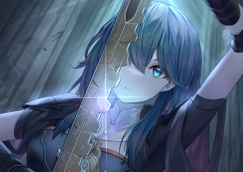 1girl, absurdres, arm_up, armor, bangs, black_armor, blue_eyes, blue_hair, byleth_(fire_emblem), byleth_eisner_(female), closed_mouth, commentary_request, expressionless, fire_emblem, fire_emblem:_three_houses, hair_between_eyes, highres, holding, holding_sword, holding_weapon, long_hair, one_eye_covered, shoulder_armor, solar_torch, solo, sword, sword_of_the_creator, weapon