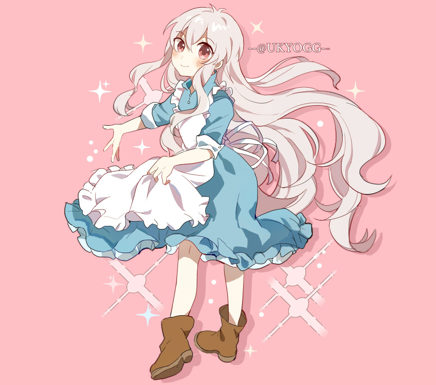 1girl, apron, apron_grab, bangs, blue_dress, blush, boots, brown_footwear