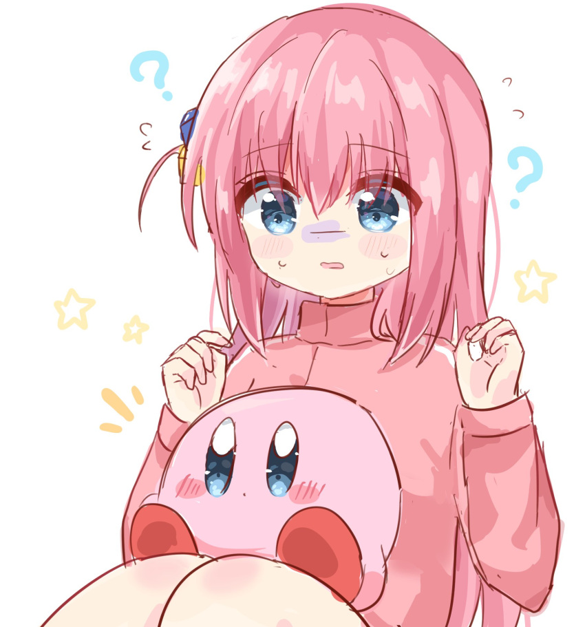 1girl, ?, blue_eyes, bocchi_the_rock!, crossover, gotou_hitori, highres, jacket