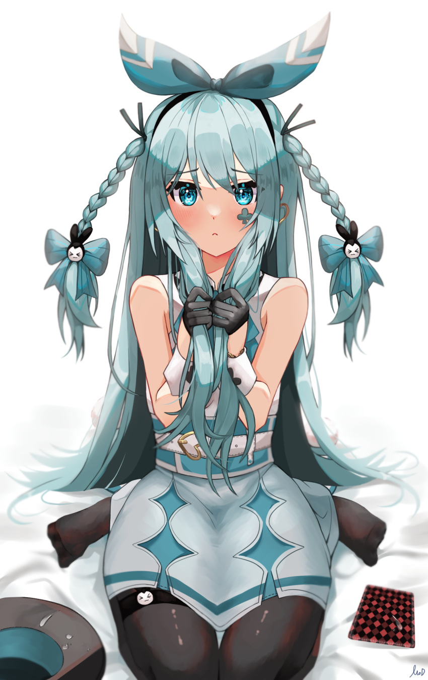 1girl, aqua_hair, ascot, bangs, bare_shoulders, belt, belt_buckle, black_gloves