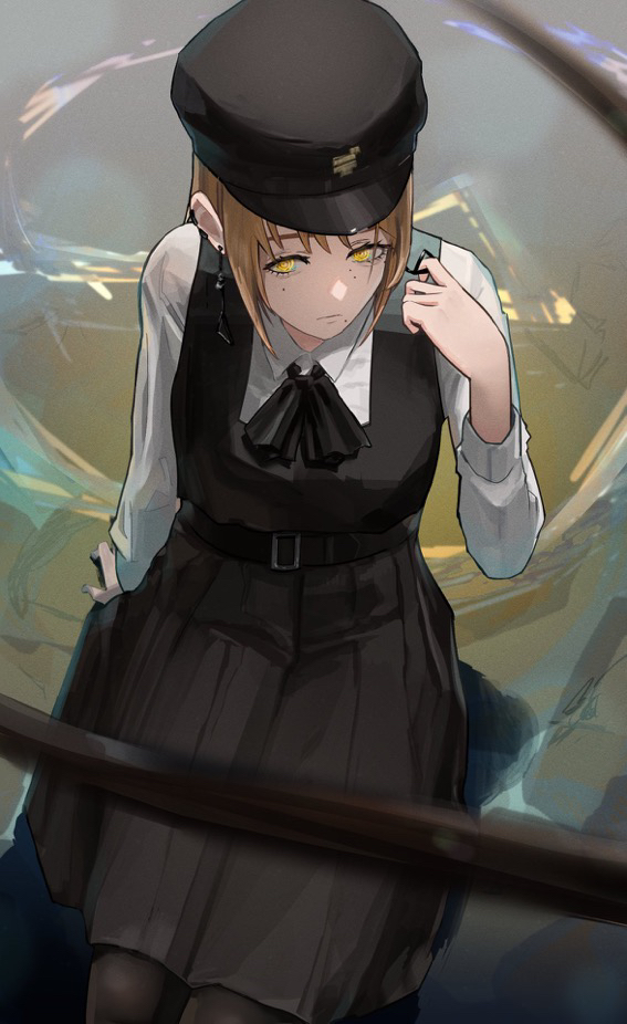 1girl, black_dress, black_ribbon, blonde_hair, chainsaw_man, collared_shirt, dress, earrings