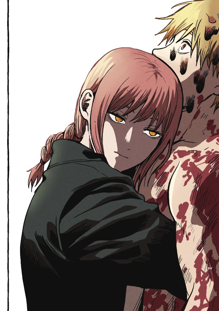 1boy, 1girl, bangs, black_coat, blonde_hair, blood, blood_on_arm, blood_on_face