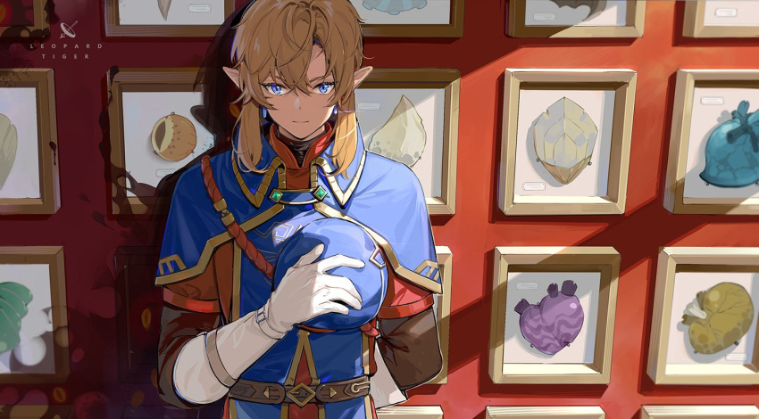 1boy, against_wall, arm_behind_back, beret, blue_capelet, blue_eyes, blue_headwear, brown_shirt