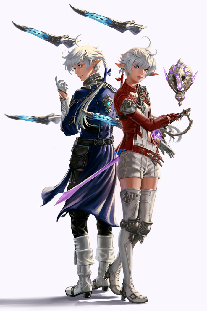1boy, 1girl, ahoge, alisaie_leveilleur, alphinaud_leveilleur, back-to-back, blue_eyes, blue_jacket