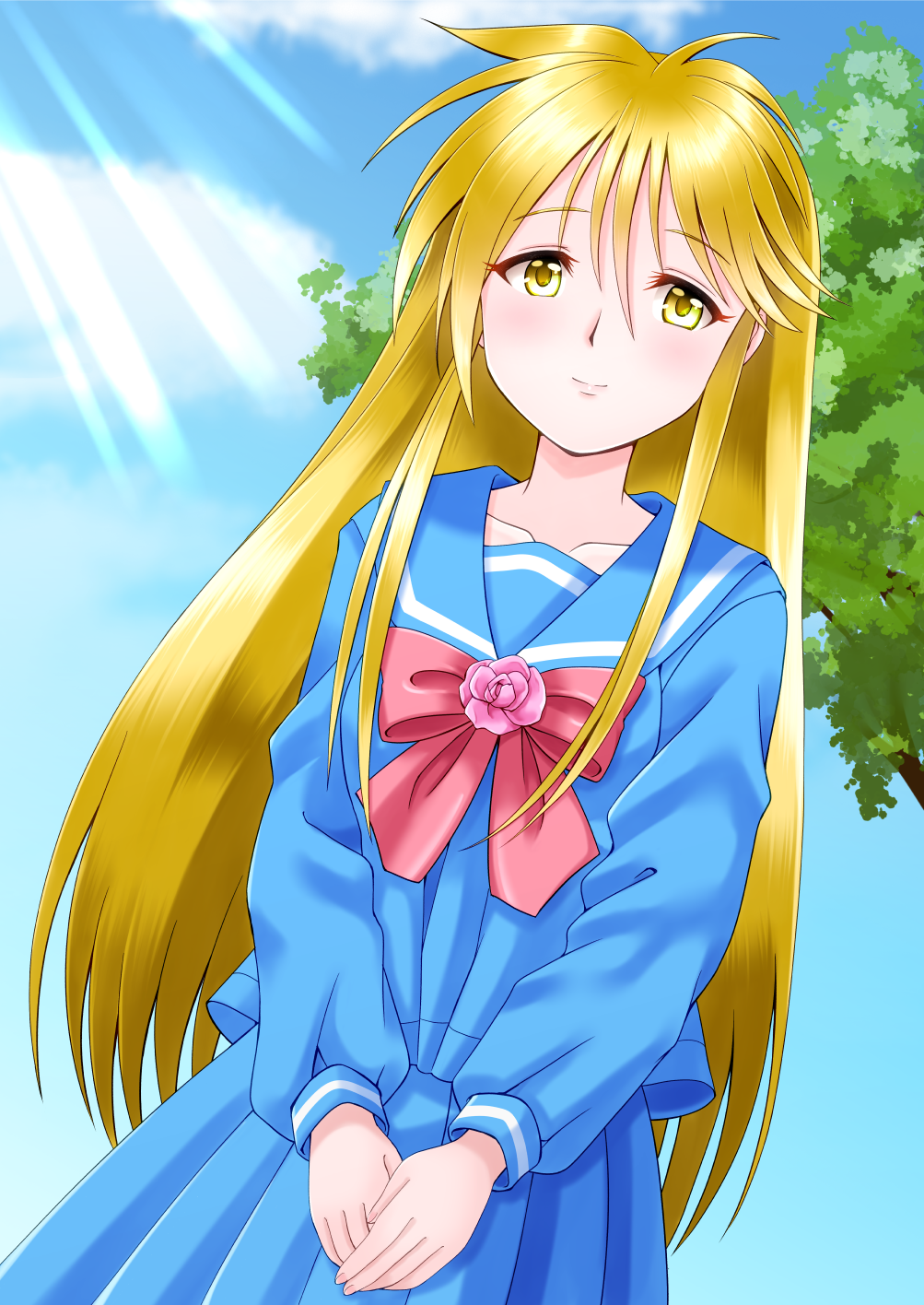 1girl, bangs, blonde_hair, blue_sailor_collar, blue_serafuku, blue_shirt, blue_skirt, blue_sky