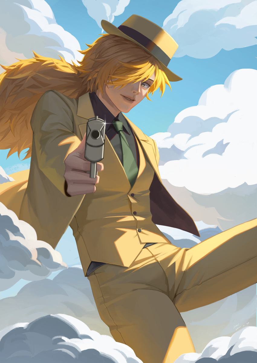 1boy, absurdres, blonde_hair, clouds, day, erdan_oo, green_necktie, gun