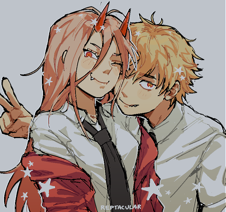 1boy, 1girl, black_necktie, blonde_hair, chainsaw_man, collared_shirt, cross-shaped_pupils, denji_(chainsaw_man)