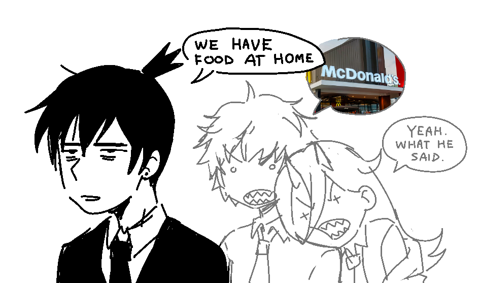 1girl, 2boys, black_hair, black_jacket, black_necktie, chainsaw_man, collared_shirt, cross-shaped_pupils