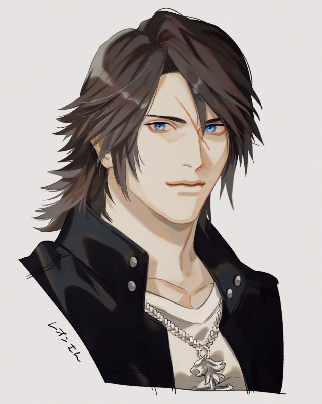1boy, bangs, black_jacket, blue_eyes, boooshow, brown_hair, chain_necklace, character_name, closed_mouth, final_fantasy, final_fantasy_viii, grey_background, jacket, jewelry, kingdom_hearts, looking_at_viewer, male_focus, medium_hair, necklace, parted_bangs, portrait, scar, scar_on_face, scar_on_forehead, shirt, solo, squall_leonhart, upper_body, white_shirt