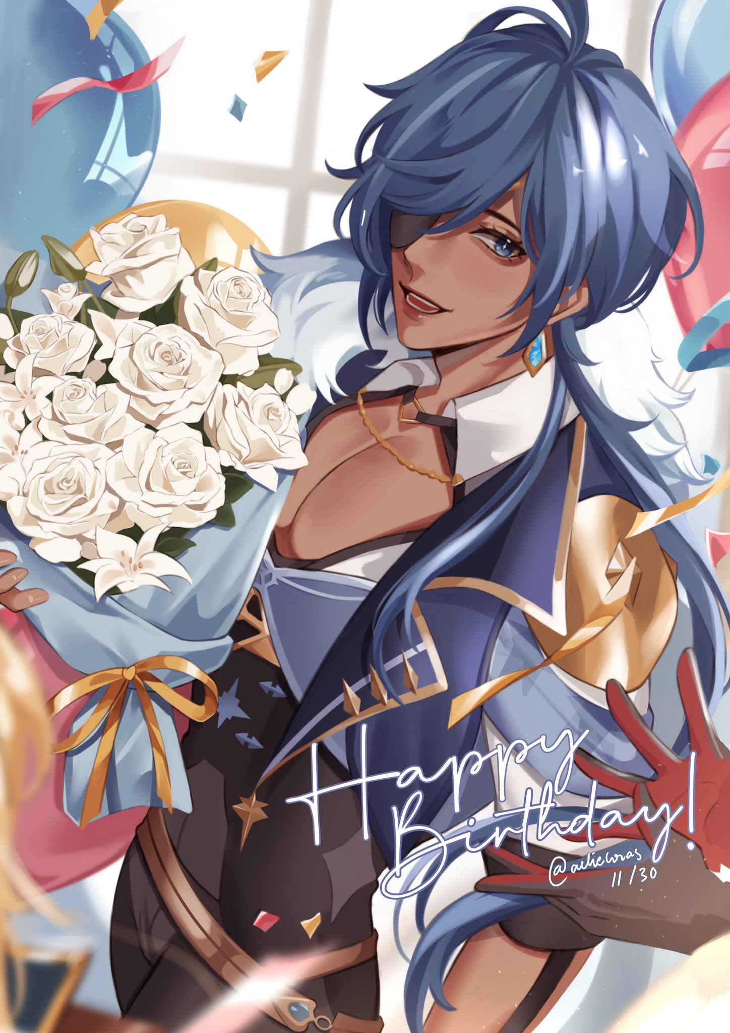 1boy, archieloras, bangs, blue_eyes, blue_hair, cape, dark-skinned_male, dark_skin