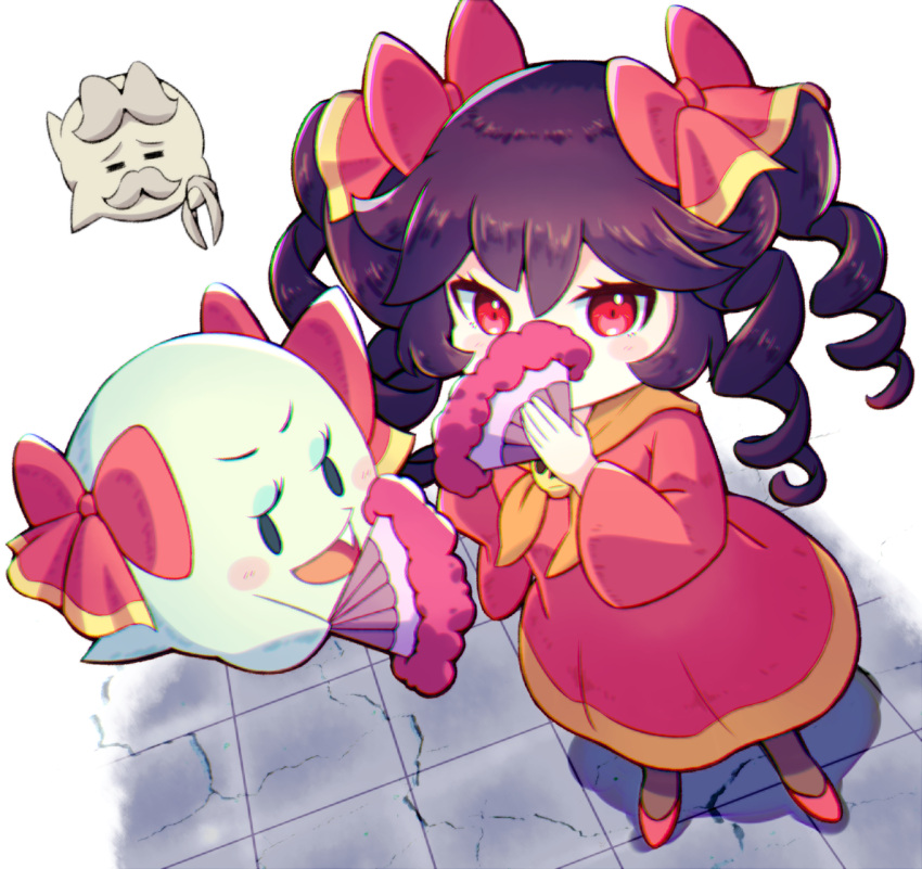1girl, ashley_(warioware), black_hair, blush_stickers, boo_(mario), bootler, bow, bow_(paper_mario)