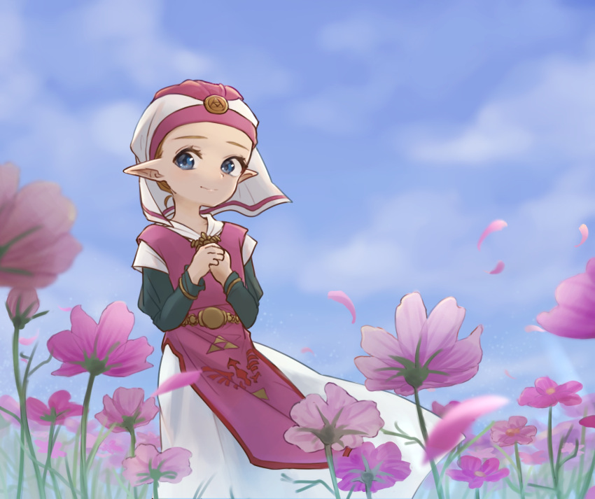 1girl, blonde_hair, blue_eyes, blue_sky, clouds, cloudy_sky, cosmos_(flower), dress