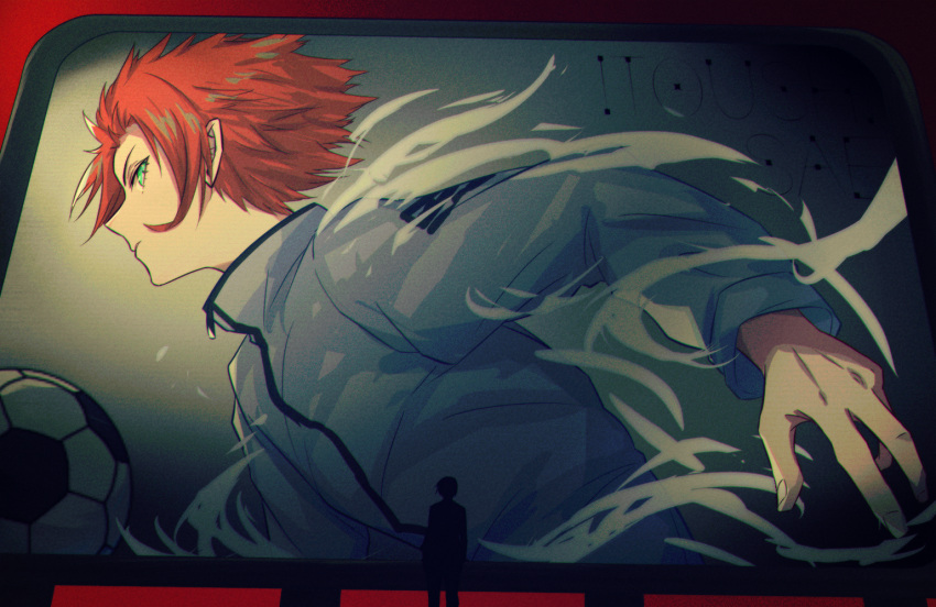 1boy, ball, blue_lock, character_name, clothes_writing, fingernails, from_side, green_eyes