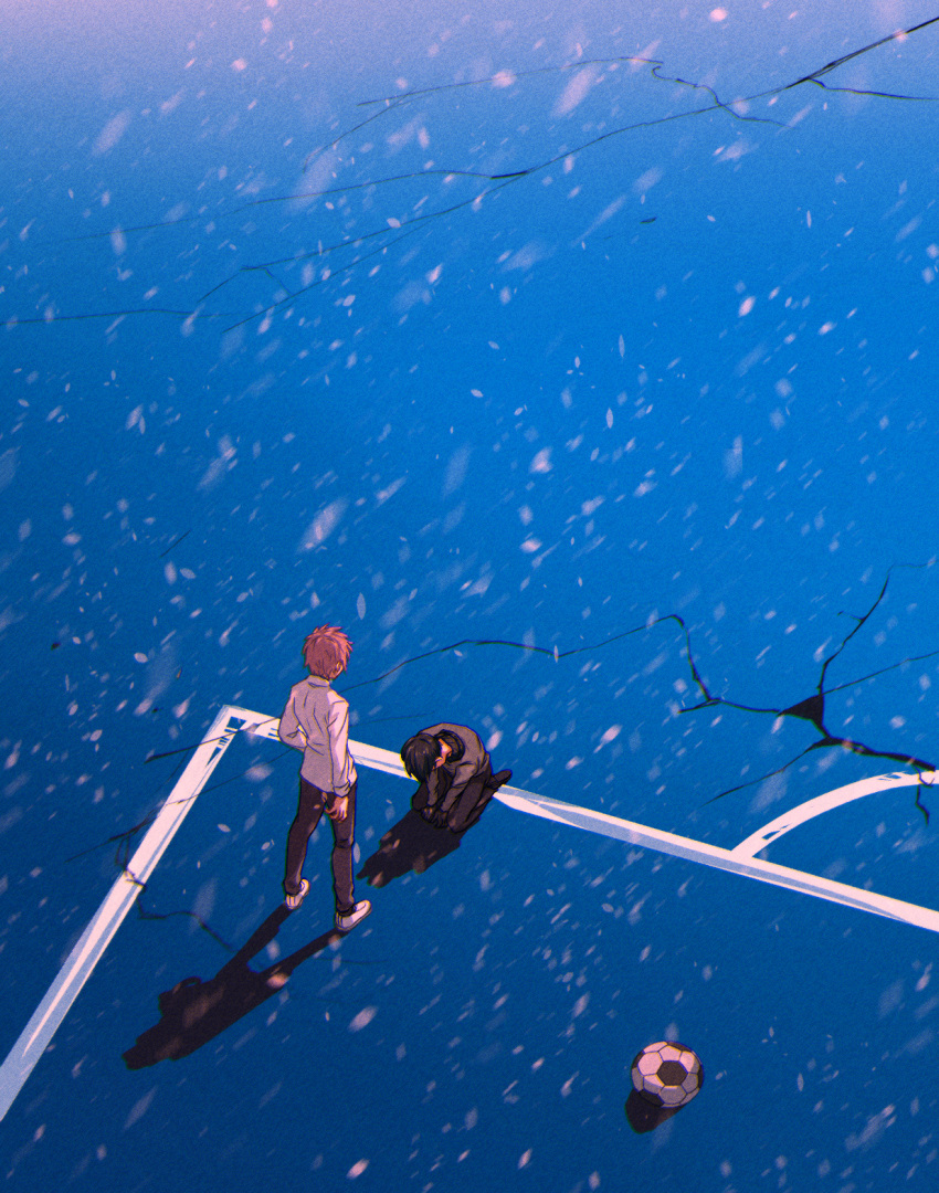 2boys, ball, black_footwear, black_hair, black_pants, black_shirt, blue_background, blue_lock
