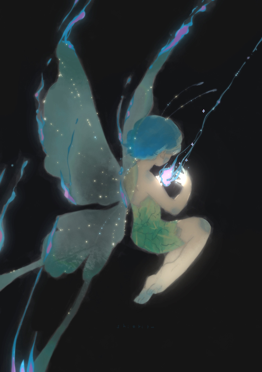 1girl, absurdres, antennae, bare_arms, bare_legs, bare_shoulders, barefoot, black_background, blue_hair, blue_skin, butterfly_girl, butterfly_wings, colored_skin, dark, dress, fairy, fire, flying, from_behind, full_body, glowing, green_dress, hands_up, highres, leaf_clothing, multicolored_skin, original, plantar_flexion, shieriru, short_hair, simple_background, solo, strapless, transparent_wings, wings