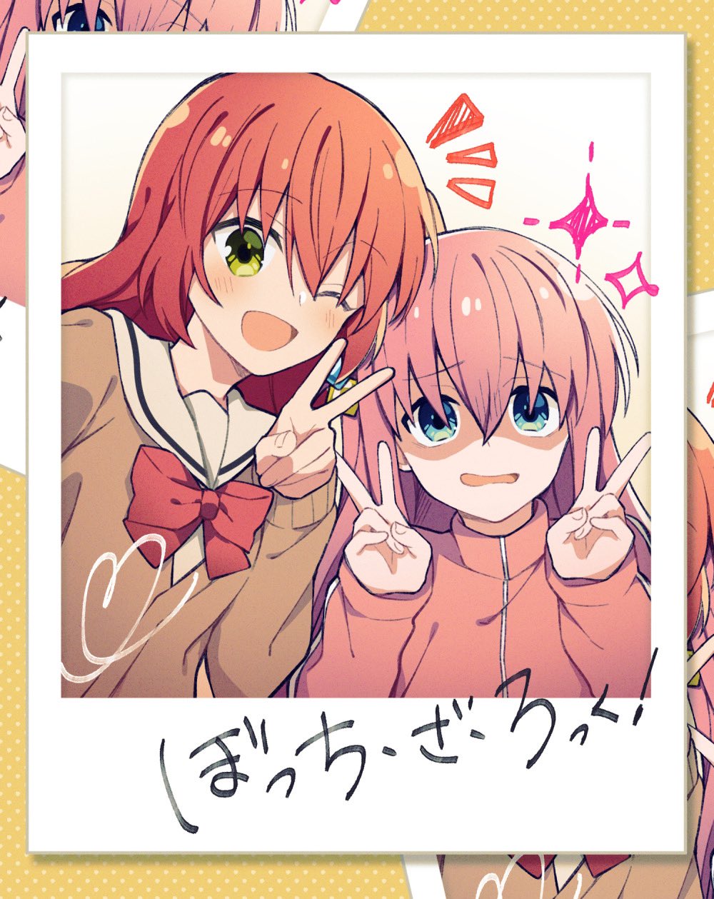 2girls, bangs, blue_eyes, blush, bocchi_the_rock!, bow, cube_hair_ornament, double_v, gotou_hitori, green_eyes, hair_between_eyes, hair_ornament, hair_over_eyes, highres, jacket, kita_ikuyo, long_hair, long_sleeves, multiple_girls, nervous_smile, one_eye_closed, one_side_up, open_mouth, photo_(object), pink_hair, pink_jacket, red_bow, redhead, sailor_collar, sakuno_(skn_02), school_uniform, shaded_face, smile, track_jacket, upper_body, v, white_sailor_collar