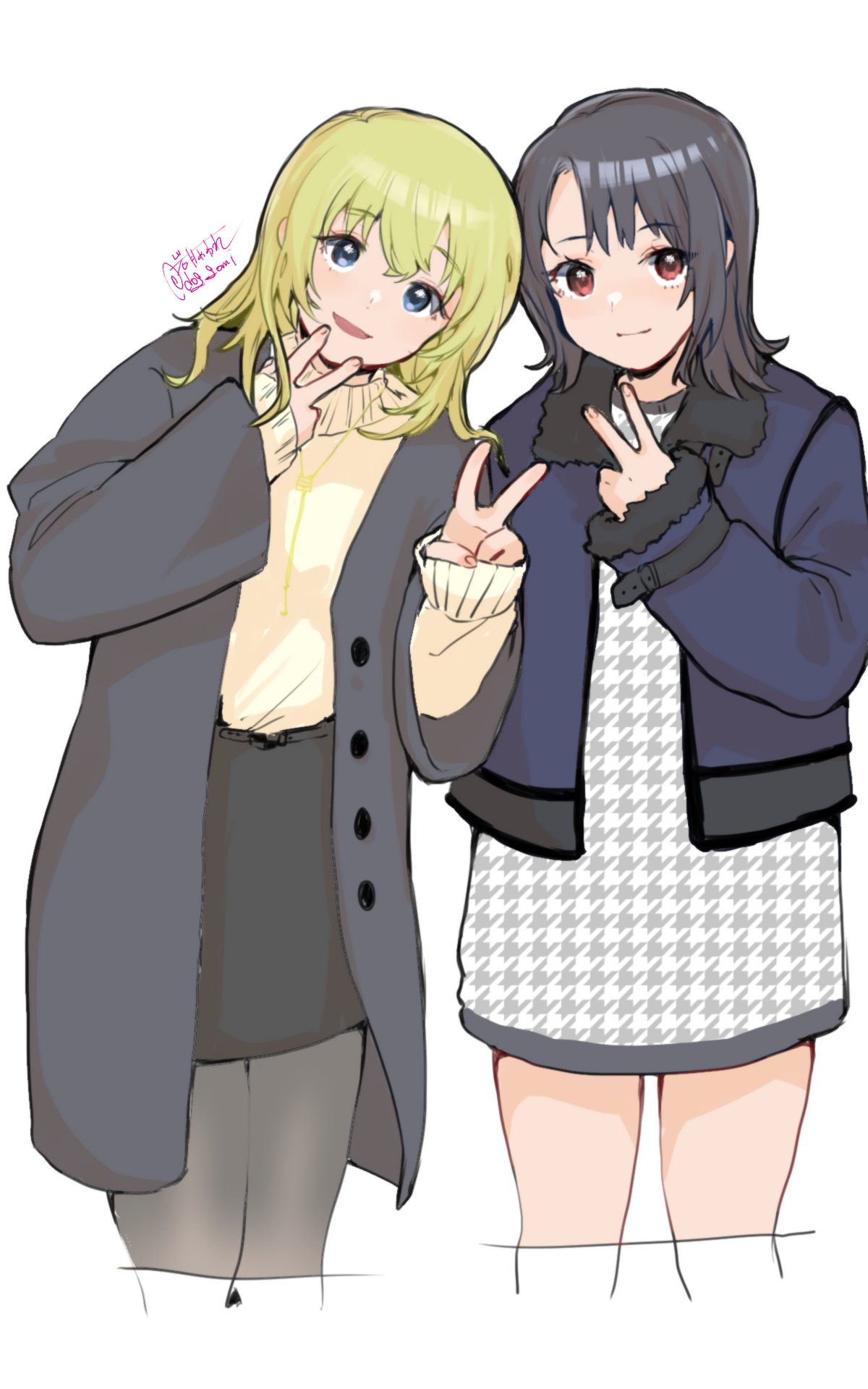 2girls, adapted_costume, atago_(kancolle), black_coat, black_hair, black_pantyhose, black_skirt, blonde_hair, blue_eyes, blue_jacket, coat, cowboy_shot, dress, fur-trimmed_jacket, fur_trim, highres, houndstooth, iwatsuki_aware, jacket, kantai_collection, long_hair, multiple_girls, pantyhose, red_eyes, short_hair, simple_background, skirt, sweater, takao_(kancolle), unmoving_pattern, white_background, white_dress, yellow_sweater