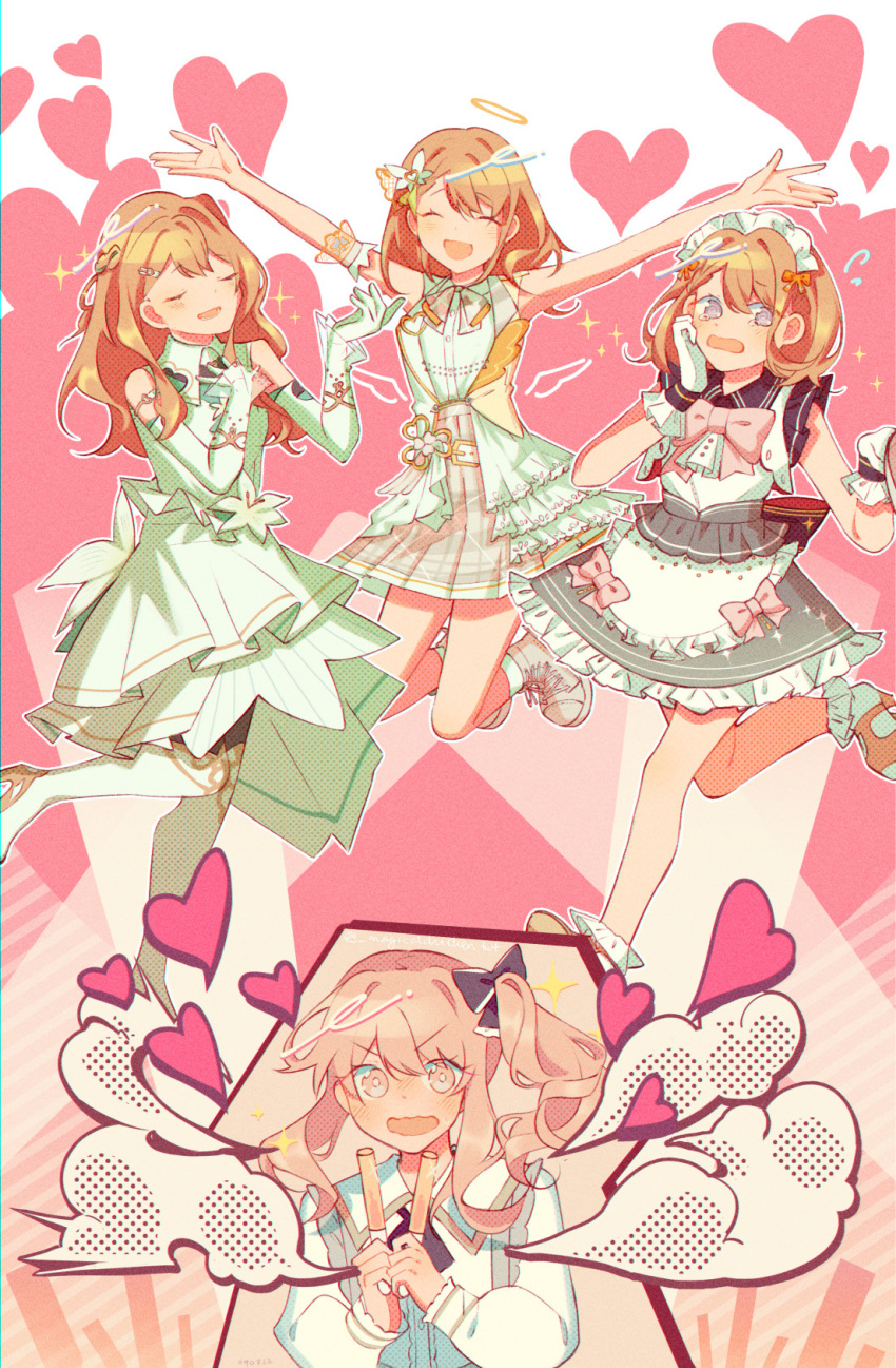 1girl, 1other, akiyama_mizuki, androgynous, ankle_socks, apron, back_bow, bare_shoulders, black_bow, black_ribbon, blush, bobby_socks, boots, bow, braid, center_frills, closed_eyes, clothing_cutout, collared_dress, colored_eyelashes, doily, dot_nose, drawn_wings, dress, drill_hair, elbow_gloves, excited, eyelashes, flower, flying_sweatdrops, foot_up, french_braid, frilled_apron, frills, glint, gloves, glowstick, grey_eyes, grey_ribbon, grey_skirt, hair_ornament, hair_ribbon, halftone, halo, hanasato_minori, hand_on_own_cheek, hand_on_own_chest, hand_on_own_face, hand_up, head_tilt, heart, heart_background, heart_cutout, heart_hair_ornament, high_heel_boots, high_heels, highres, holding, holding_glowstick, jumping, knee_boots, layered_dress, lily_(flower), long_hair, long_sleeves, lower_teeth, magicalchicken, maid, maid_headdress, mini_wings, multiple_views, music, neck_ribbon, nose_blush, open_mouth, orange_ribbon, outline, outstretched_arms, parted_lips, pastel_colors, pink_eyes, pink_hair, pink_theme, plaid, plaid_skirt, pleated_skirt, project_sekai, puffy_long_sleeves, puffy_sleeves, ribbon, shoes, side_drill, sidelocks, simple_background, singing, single_horizontal_stripe, skirt, sleeveless, sleeveless_dress, sneakers, socks, sparkle, spread_arms, standing, standing_on_one_leg, steam, sweatdrop, tearing_up, tears, teeth, twitter_username, v-shaped_eyebrows, waist_apron, waistcoat, wavy_mouth, white_apron, white_background, white_dress, white_flower, white_footwear, white_gloves, white_outline, white_socks, wide-eyed, wings