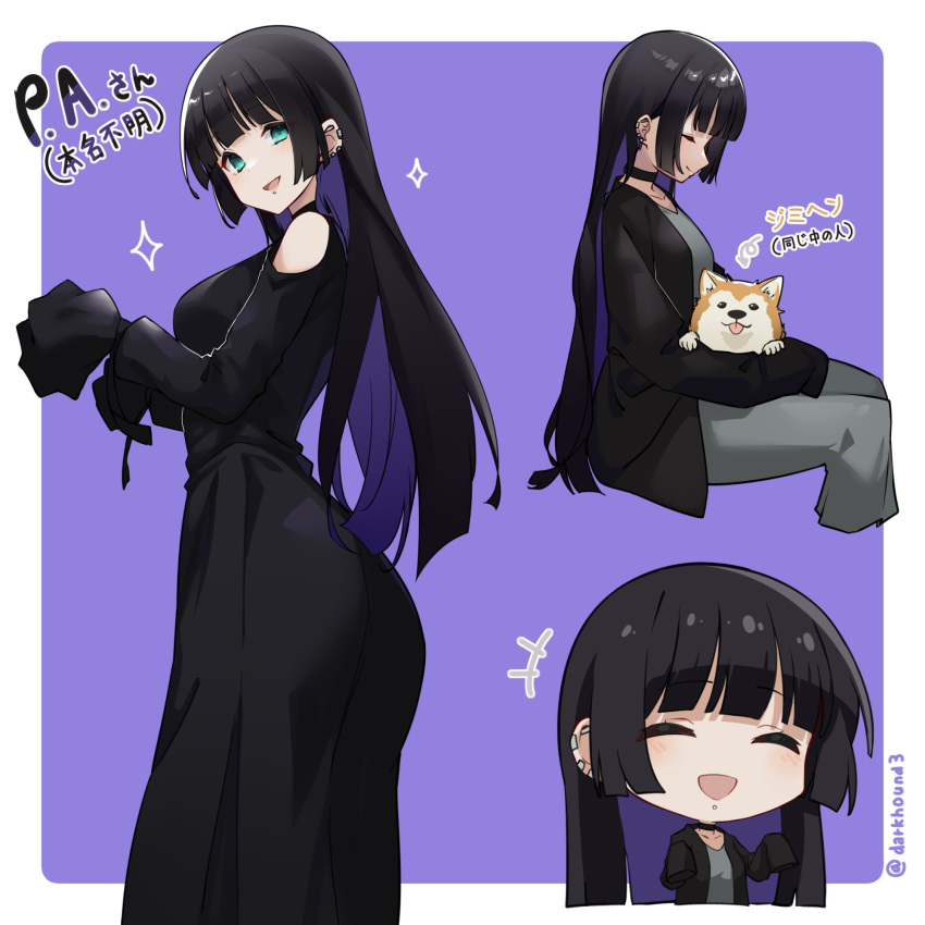 1girl, animal_on_lap, bangs, black_dress, black_hair, blunt_bangs, blush, bocchi_the_rock!, chibi, choker, closed_eyes, closed_mouth, colored_inner_hair, dark_hound_3, dog, dress, gothic, highres, hime_cut, long_hair, looking_at_viewer, multicolored_hair, on_lap, open_mouth, pa-san, piercing, purple_hair, sleeves_past_wrists, smile, solo, sparkle