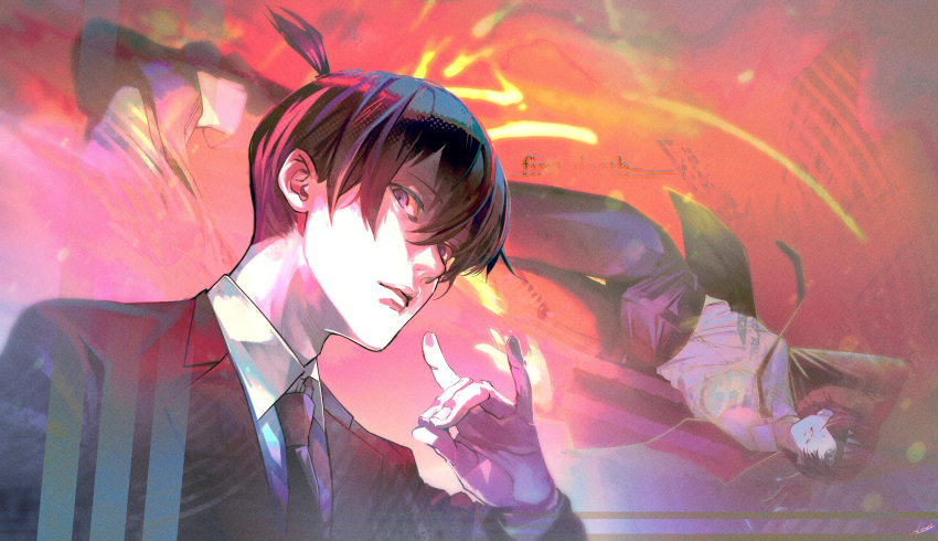 1boy, 1girl, absurdres, ammenite, black_hair, black_jacket, black_necktie, chainsaw_man